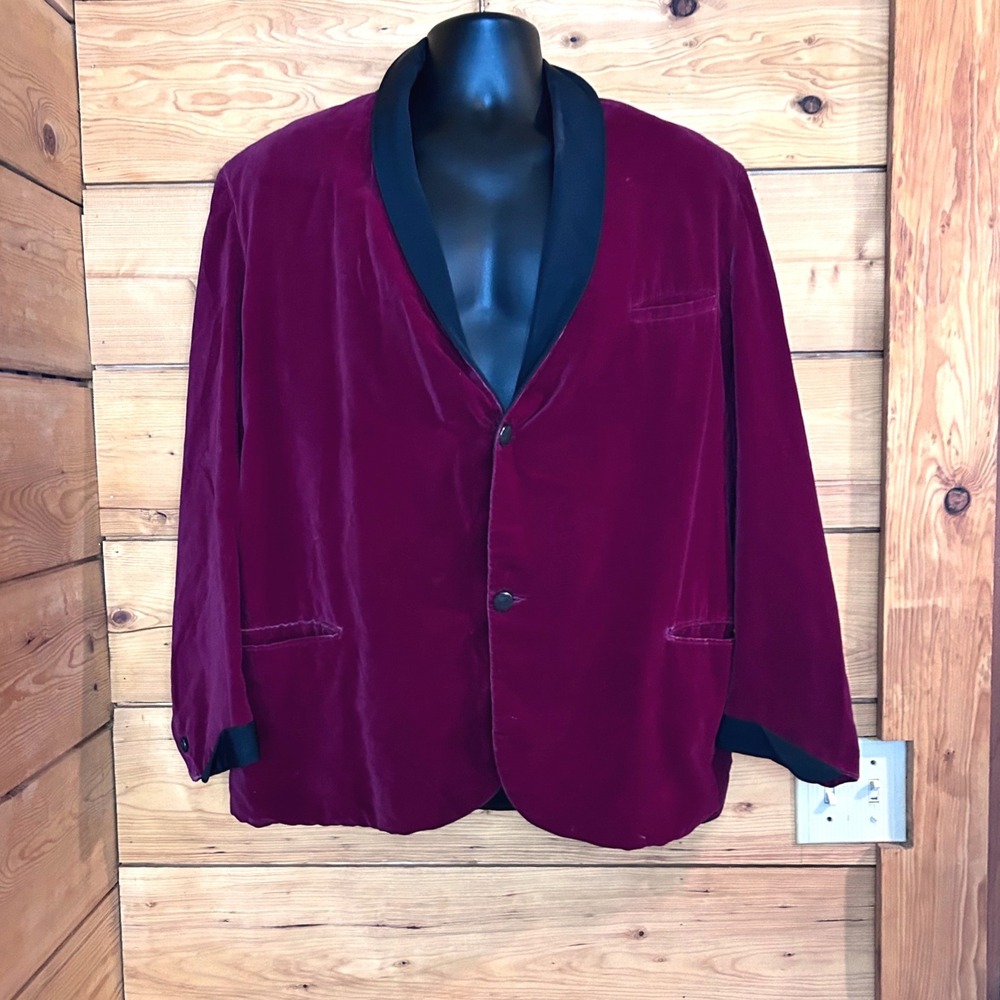 Vintage Smoking Jacket Men Large Burgundy Velvet Shawl Collar Blazer MCM